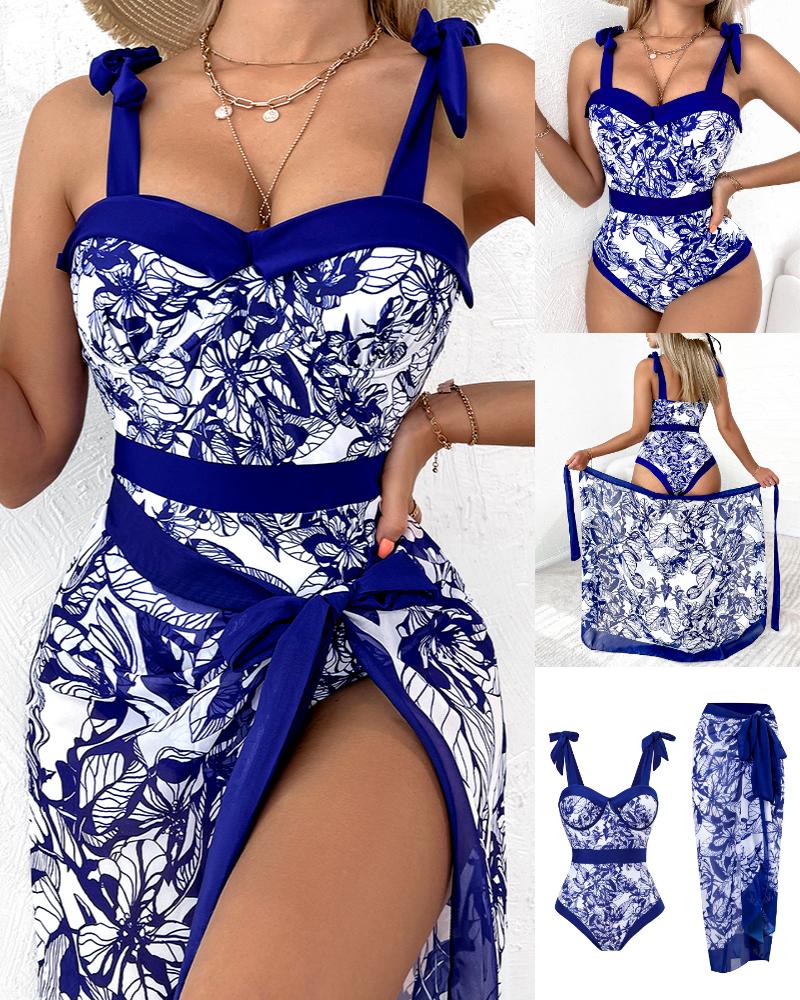 

Plants Print Tied Detail One-Piece Swimsuit With Cover Up, Blue