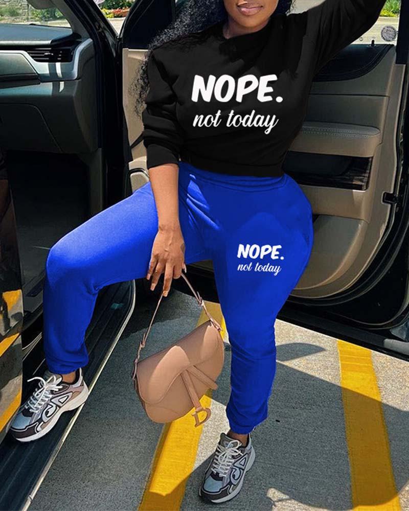 

Plus Size Letter Print Casual Top & Pants Set, Blue