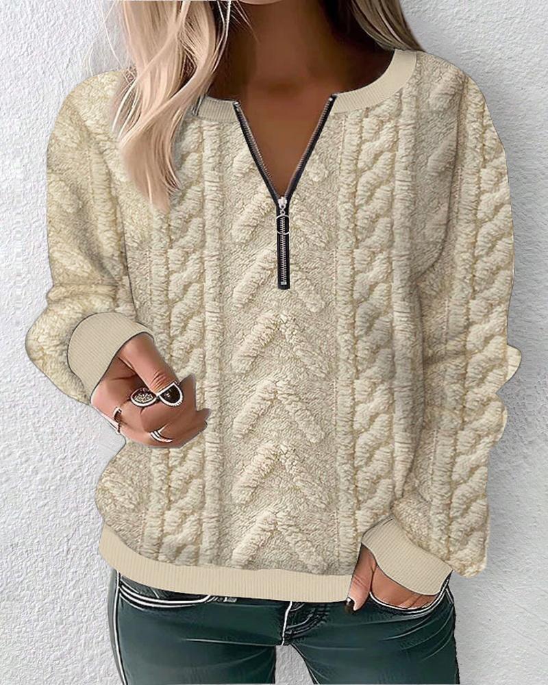 

Plus Size Zipper Design Fuzzy Textured Sweatshirt, Apricot