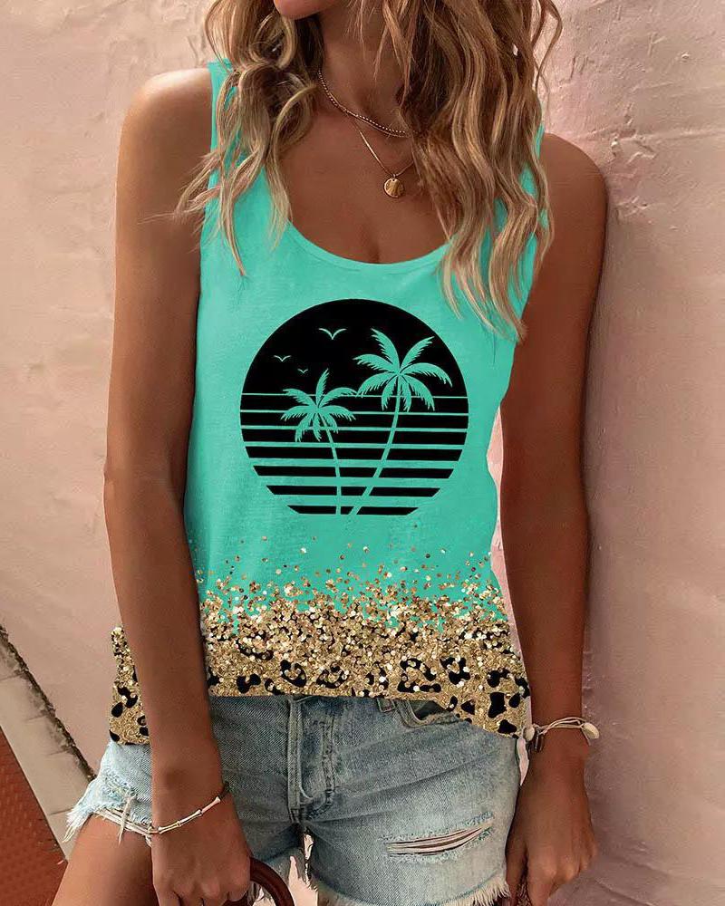 

Coconut Tree Contrast Leopard Print Tank Top, Turquoise blue