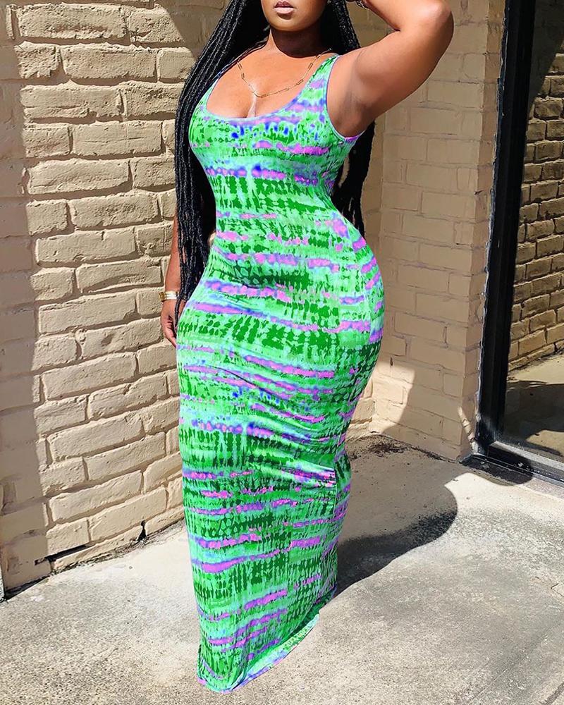 

Tie Dye Print Crisscross Backless Maxi Dress, Green