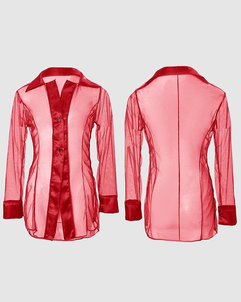 

Sheer Mesh Button Front Long Sleeve Sleep Shirt, Red