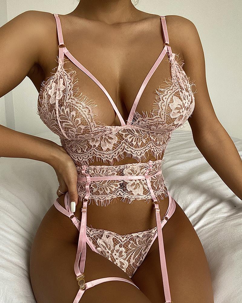 

Eyelash Crochet Lace Cutout Garter Lingerie Set, Pink
