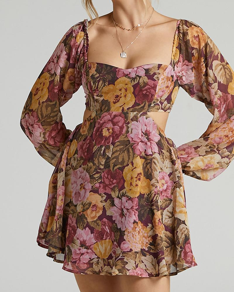 

All Over Print With Floral Long sleeve Hollow-out Backless Mini Dress, Yellow