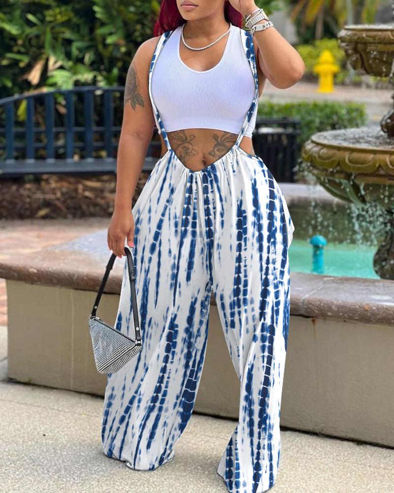 

Tie Dye Print Wide Leg Suspender Jumpsuit, Blue