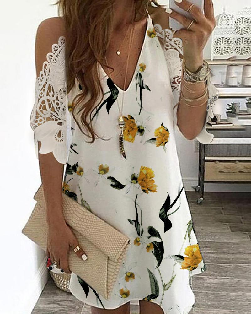 

Floral Print Lace Hollow-out Short Sleeve Casual Dress, White