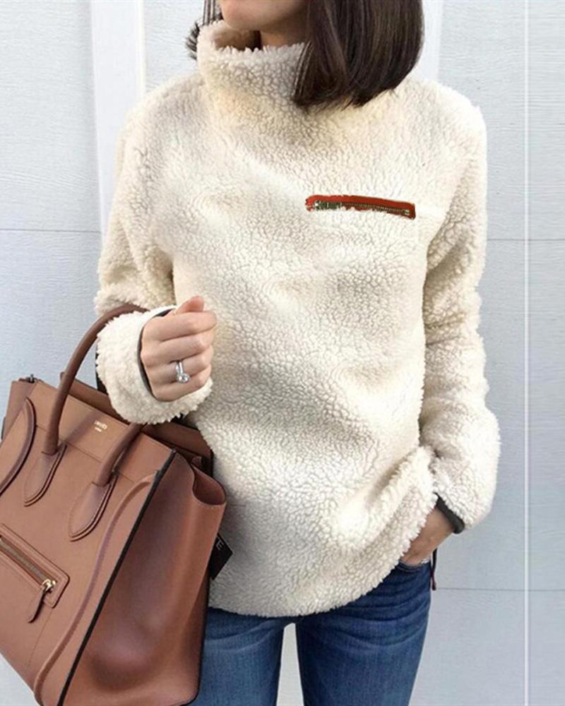 

Zipper Detail High Neck Teddy Sweatshirt, Apricot