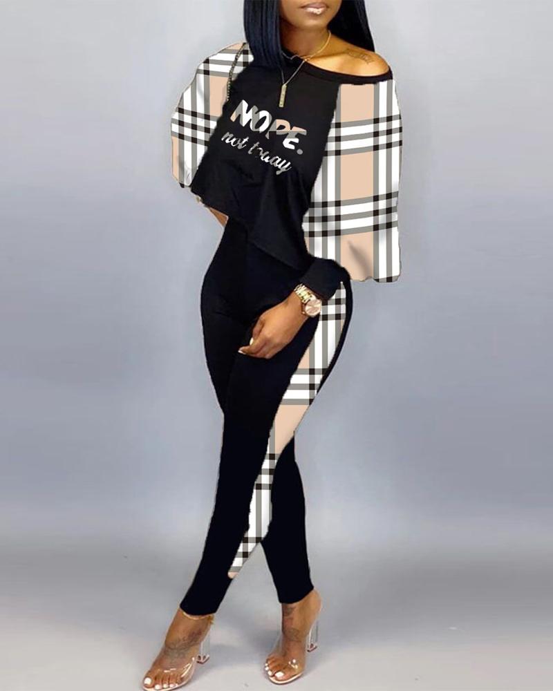 

Plus Size Plaid Letter Print Long Sleeve Top & Pants Set, Black