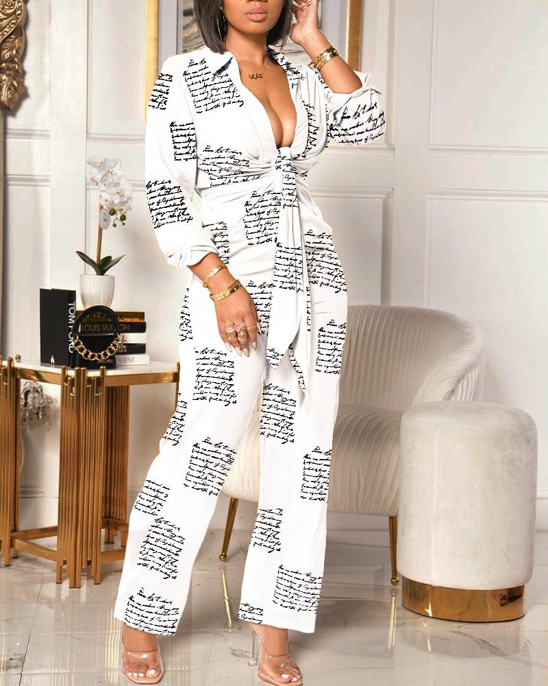 

Letter Print Plunge Tie Front Long Sleeve Jumpsuit, White
