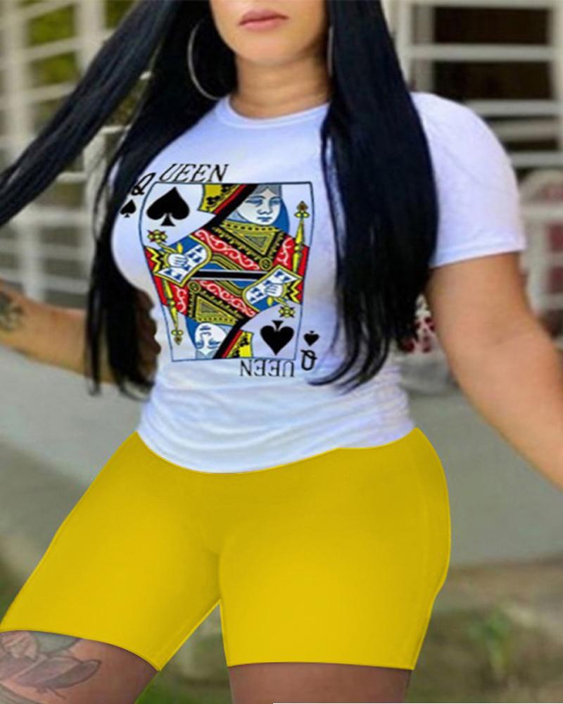 

Plus Size Poker Print Casual Top & Shorts Set, Yellow