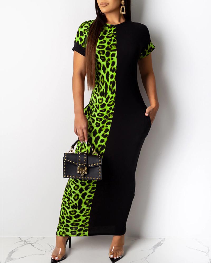

Leopard Patchwork Short Sleeve Dress, Green