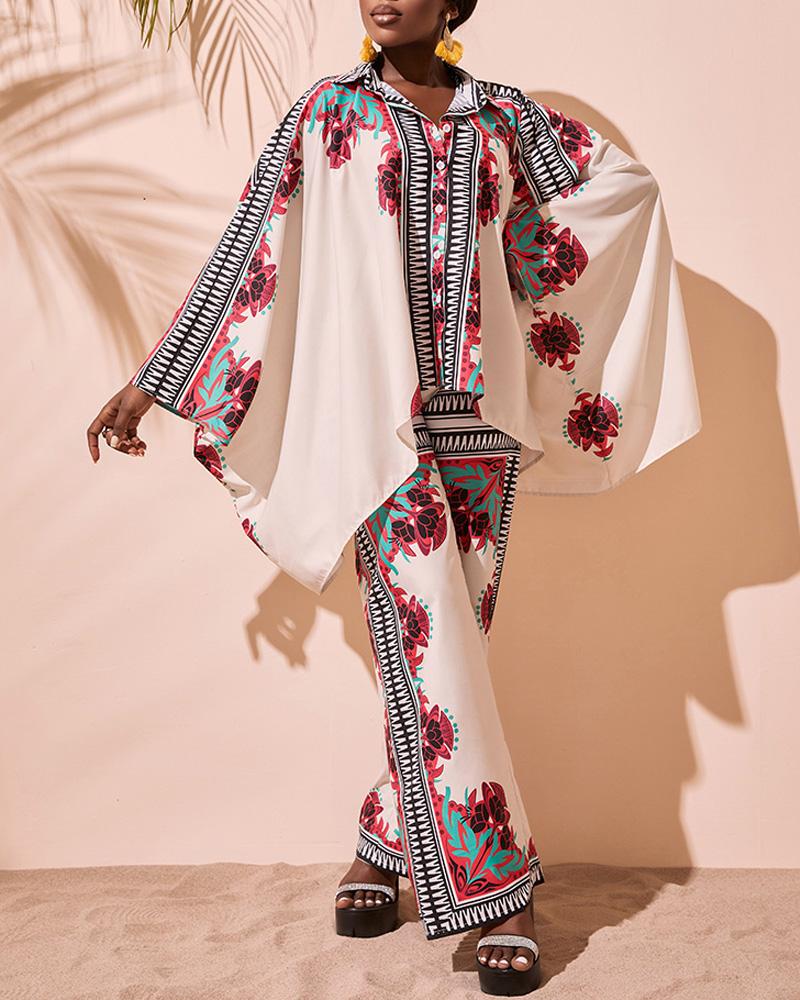 

Batwing Sleeve Floral Plant Print Shirt & Pants Set, Purple
