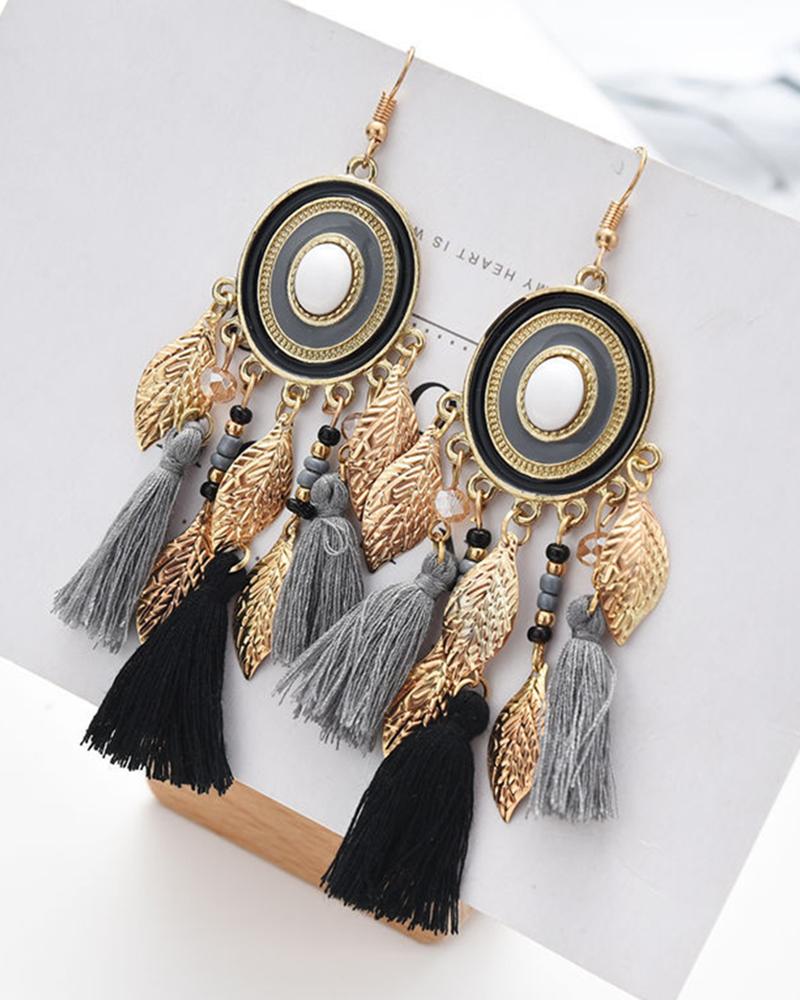 

1Pair Bohemian Vintage Leaf Tassel Design Hook Earrings, Black