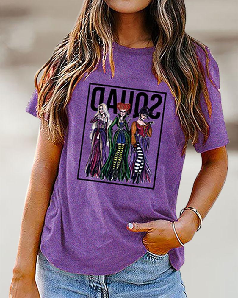

Halloween Short Sleeve Graphic Letter Print Top, Purple
