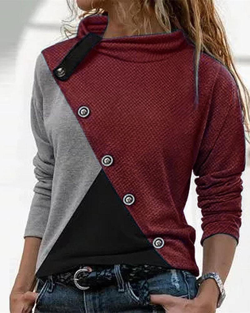 

Waffle knit Colorblock Buttoned Long Sleeve Top, Wine red