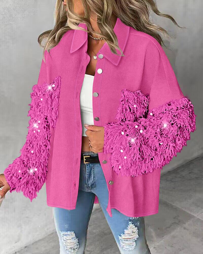 

Contrast Sequin Turn-down Collar Long Sleeve Tassel Design Fuzzy Shacket with Pocket, Hot pink