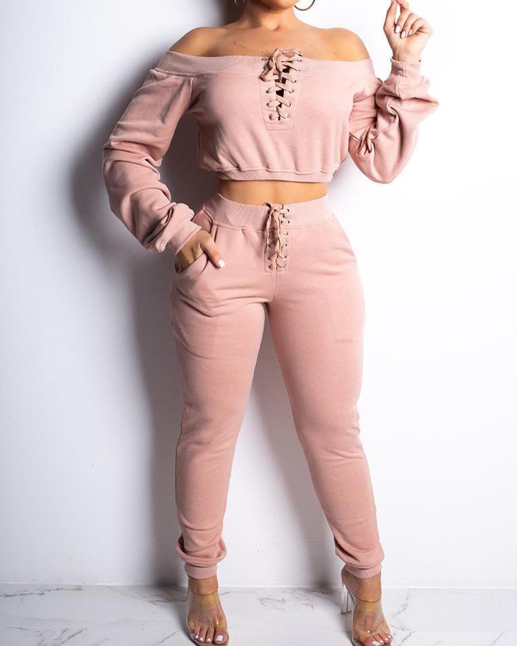 

Lace-Up Design Off Shoulder Sweatshirt & Pant Sets, Pink