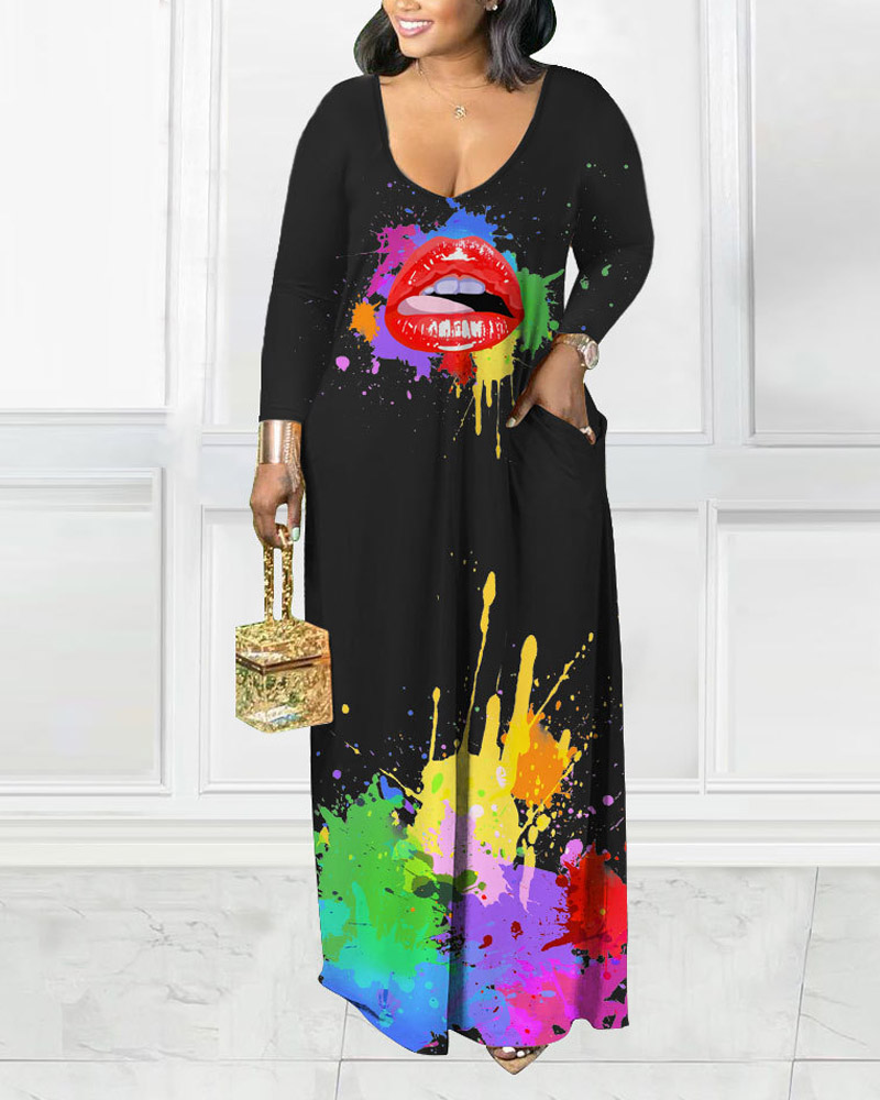 

Plus Size Ink Splash Lip Print Long Sleeve Maxi Dress, Black