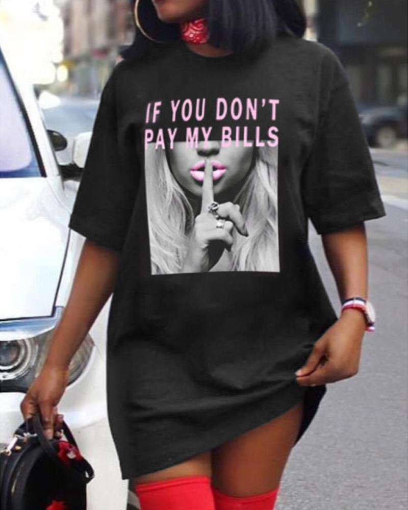 

Plus Size Lip Letter Print Short Sleeve Casual Dress, Style3