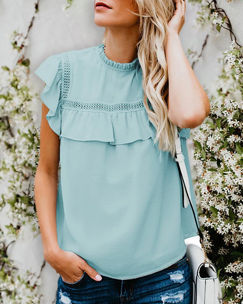 

Plain Sleeveless Frill Hem Hollow Out Top, Blue
