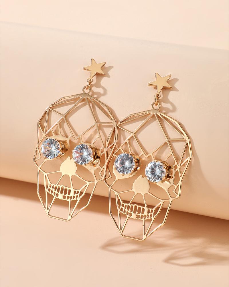 

1Pair Halloween Punk Rhinestone Skull Shaped Drop Earrings, Gold