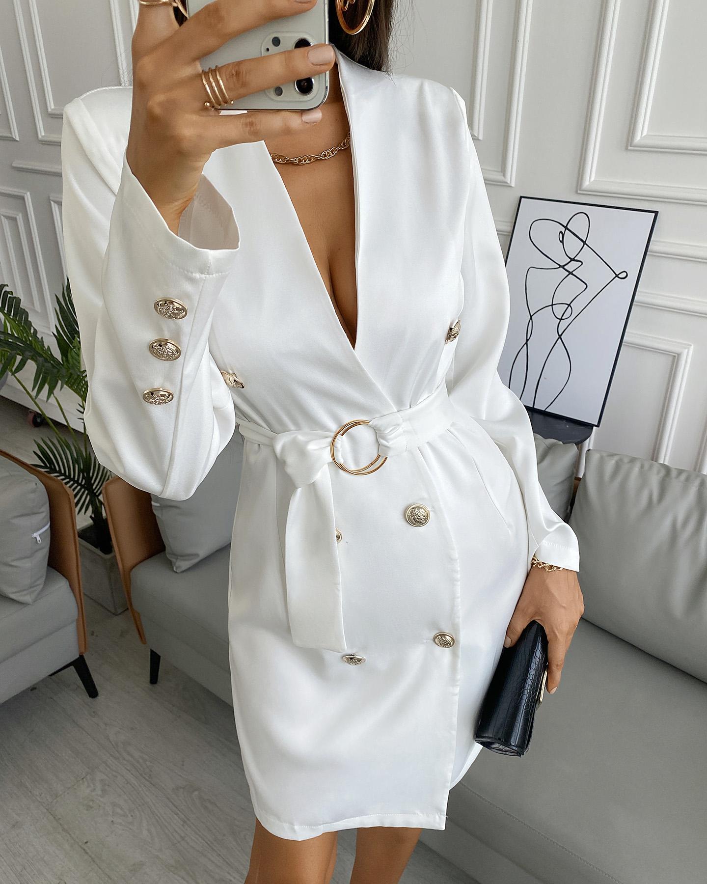 

Long Sleeve Buttoned Decor Blazer Dress, White
