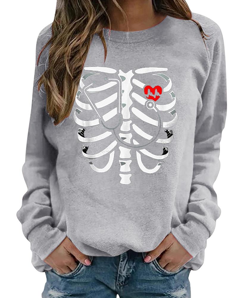 

Halloween Long Sleeve Skeleton Print Top, Gray