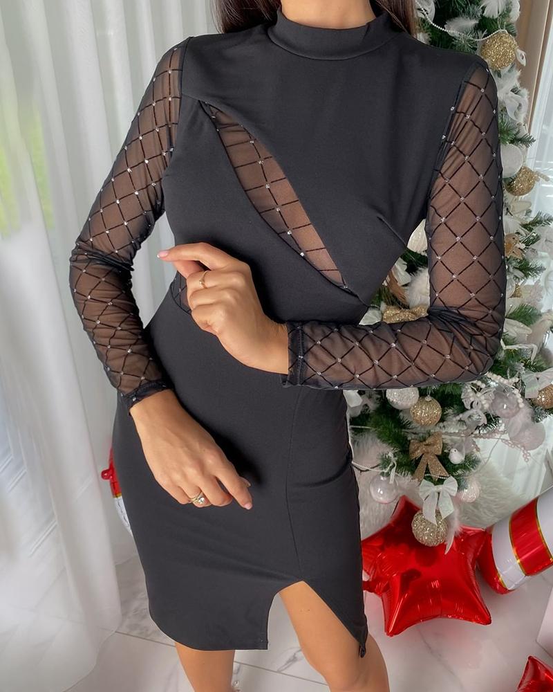 

Cutout Mesh Patch Slit Bodycon Dress, Black