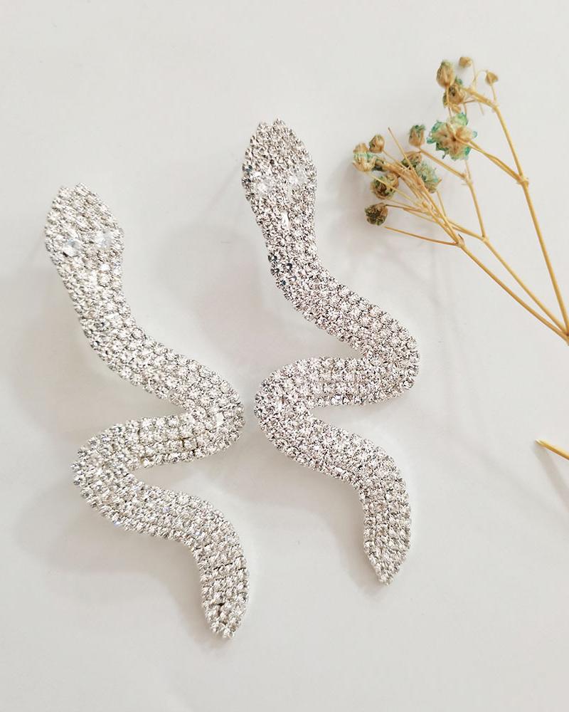 

1Pair Sparkling Rhinestone Snake-Shaped Earrings, Silver