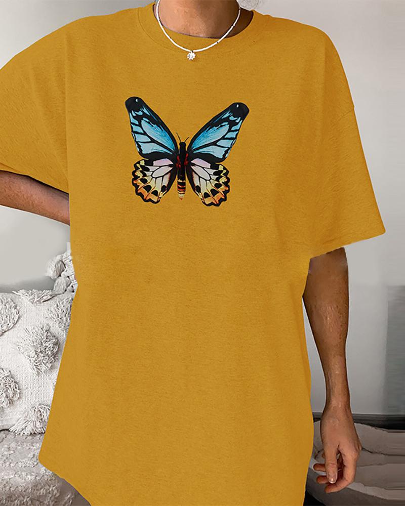 

Short Sleeve Butterfly Print T-Shirt, Yellow