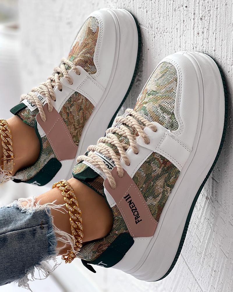 

Vintage Floral Pattern Lace-up Sneakers, Green
