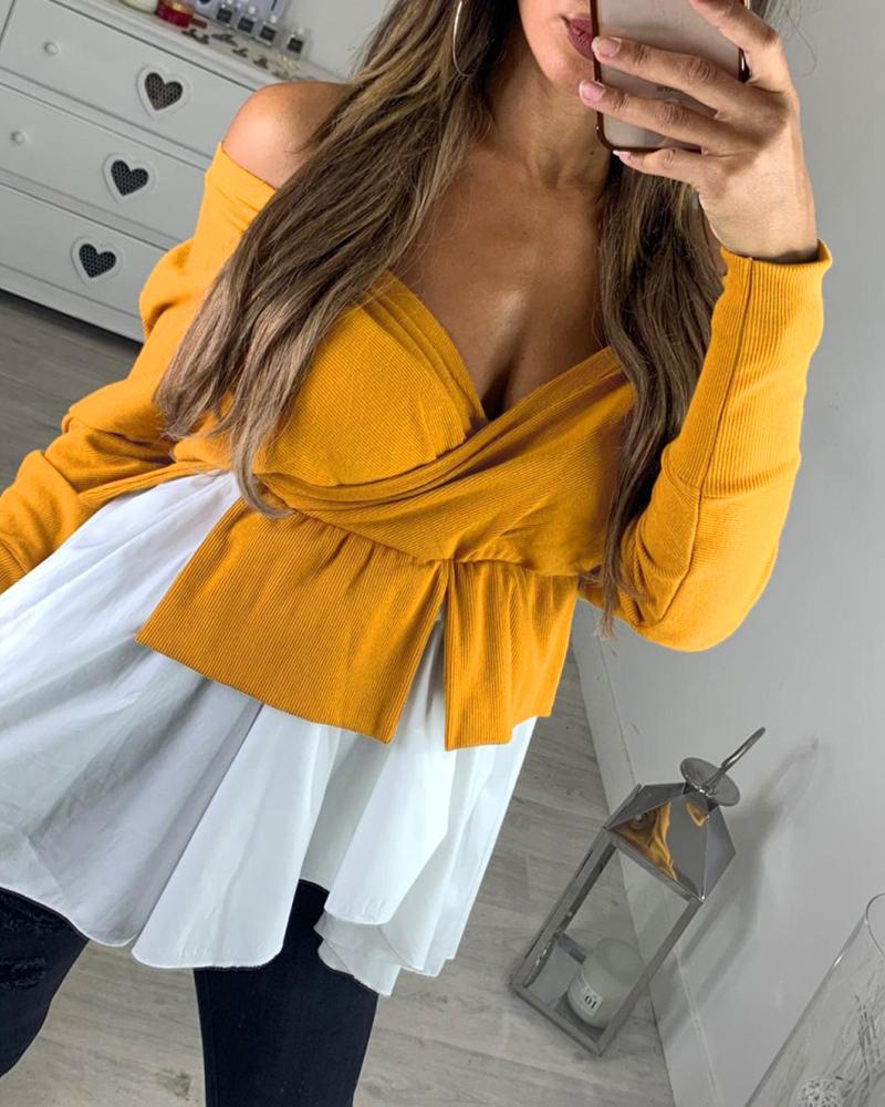 

Off Shoulder Batwing Sleeve Colorblock Insert Ruffles Blouse, Yellow