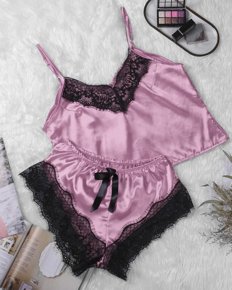 

Contrast Lace V-Neck Cami Set, Purple