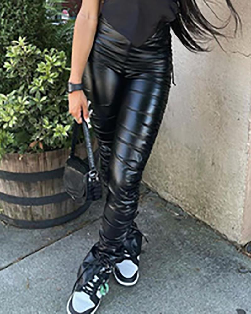 

PU Leather High Waist Ruched Skinny Pants, Black