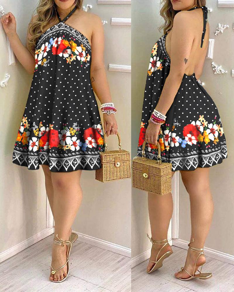 

Floral Polkadot Print Halter Backless Dress, Black