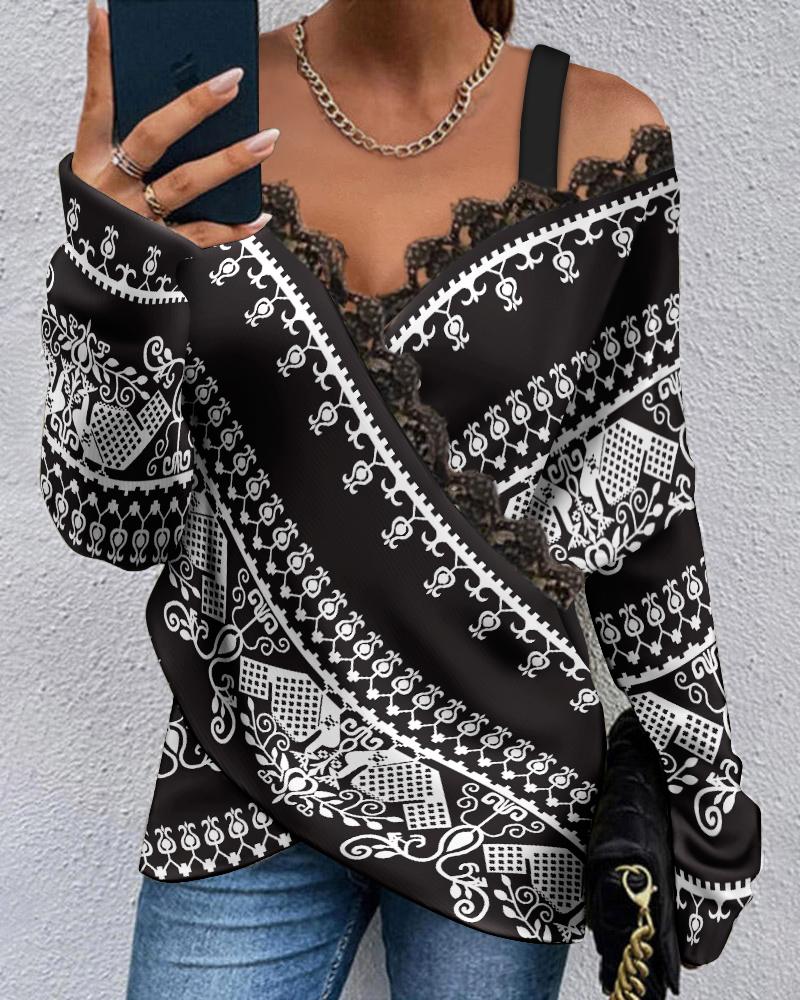 

Tribal Print Contrast Lace Cold Shoulder Wrap Top, Blackwhite