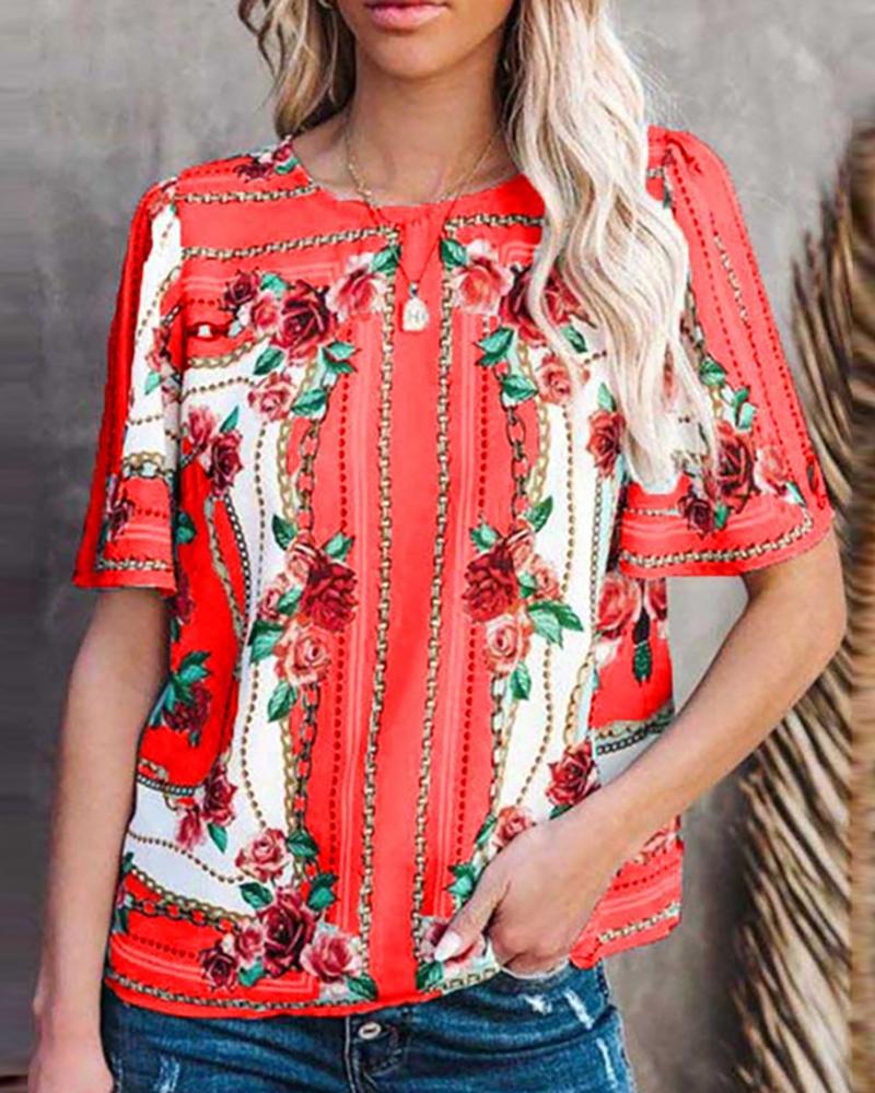 

Floral Chain Print Half Sleeve Casual Top, Red