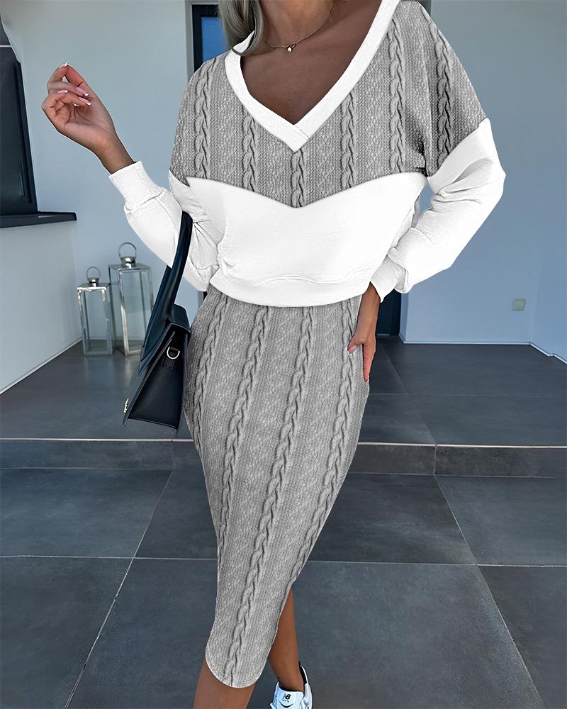 

Colorblock V-Neck Cable Textured Top & Skirt Set, Gray