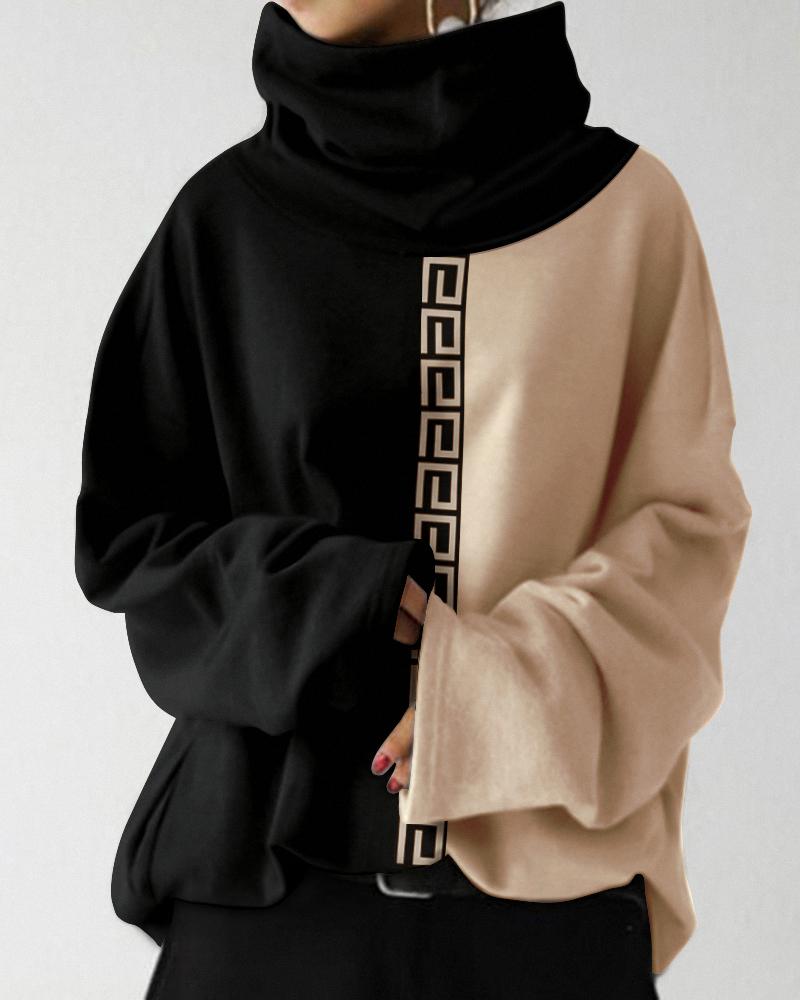 

Colorblock Geo Trim Long Sleeve High Neck Top, Black