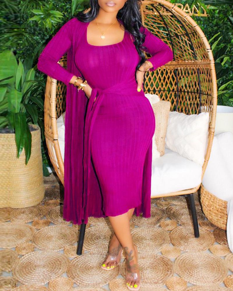

Ribbed Tie Front Midi Dress With Long Sleeve Cardigan Set, Purple