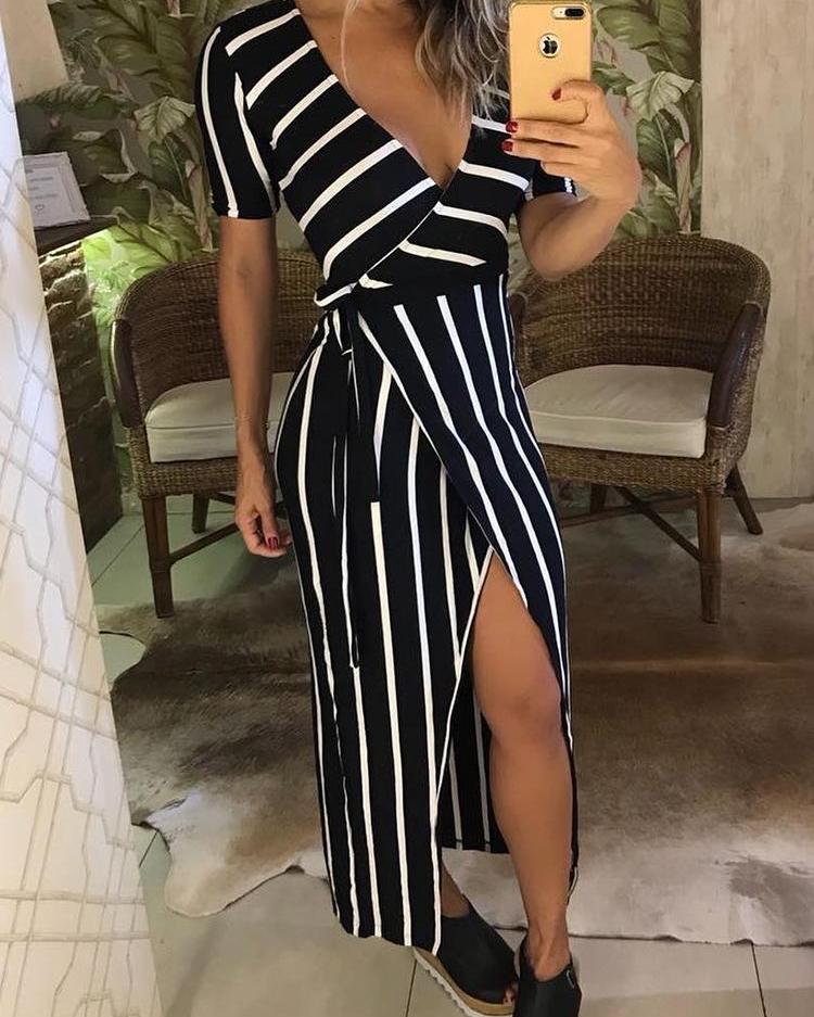 

Fashion Striped Plunge Tie Side Wrap Dress, Black