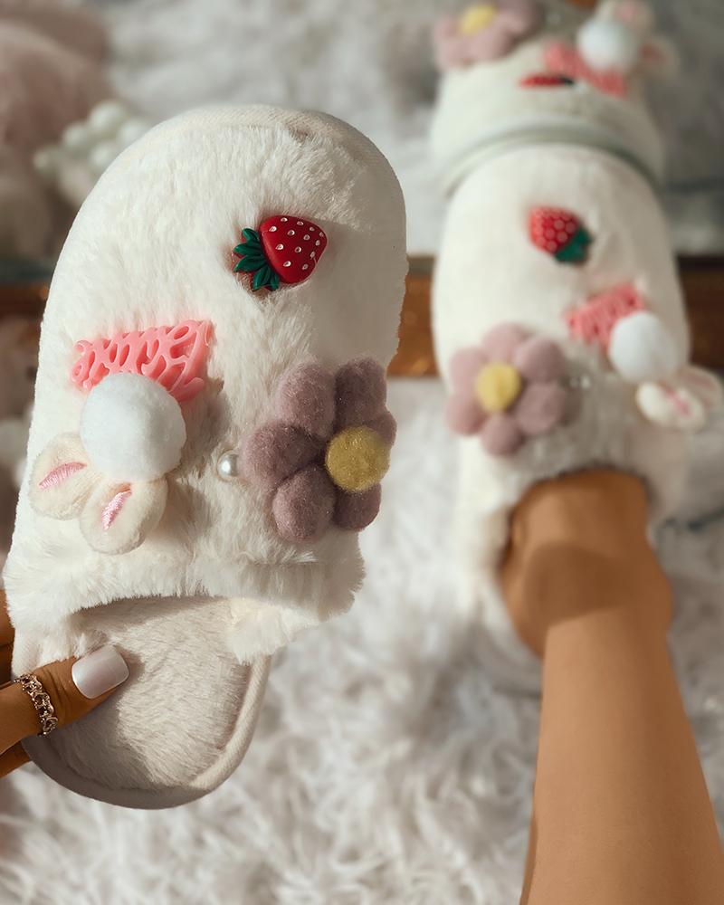 

Cartoon & Floral & Strawberry Decor Fluffy Slipper, White