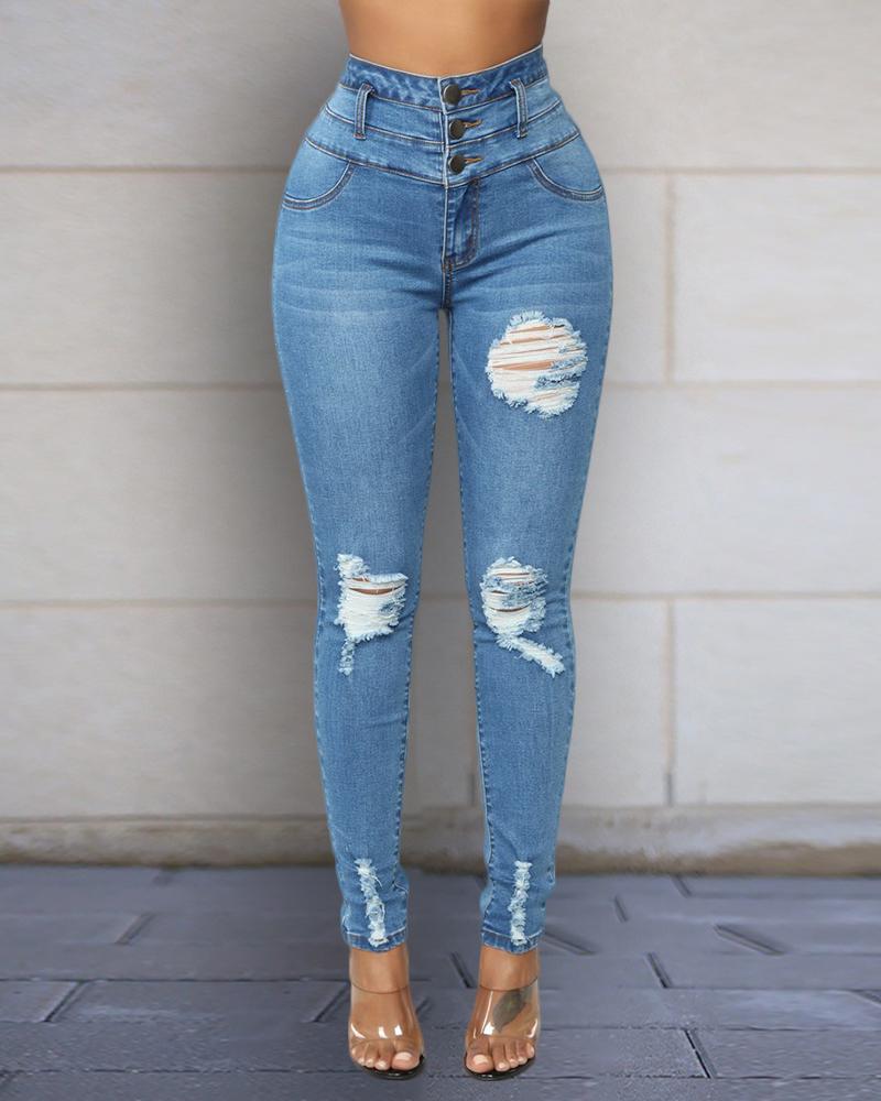 

High Waist Ripped Jeans, Blue