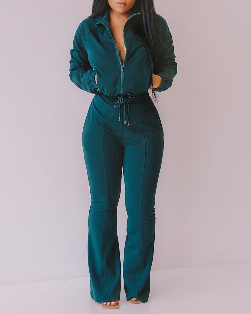 

Plain Zipper Design Coat & Drawstring Pants Set, Green
