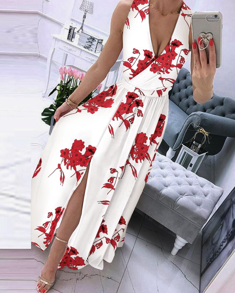 

Floral Print Sleeveless Split Thigh Maxi Dress, White