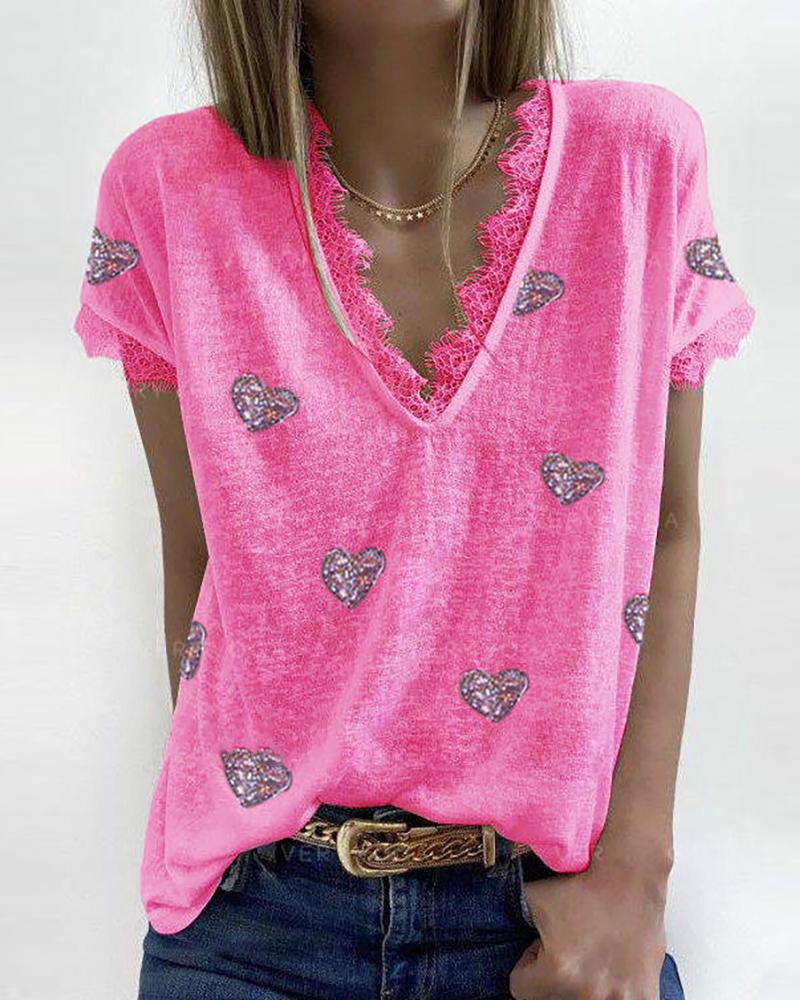 

Eyelash Lace Trim Heart Print T-shirt, Hot pink