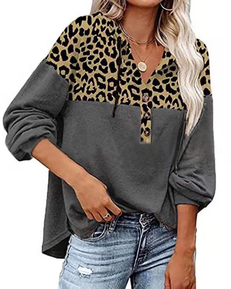

Cheetah Print Colorblock Long Sleeve Hooded Top, Gray