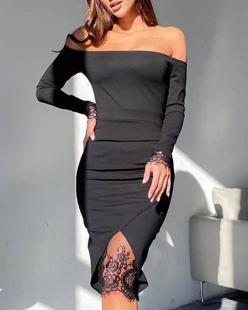 

Crochet Lace Patch Off Shoulder Bodycon Dress, Black