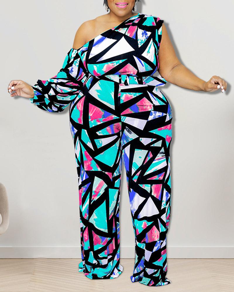 

Plus Size Geometric Print Cold Shoulder Belted Jumpsuit, Green