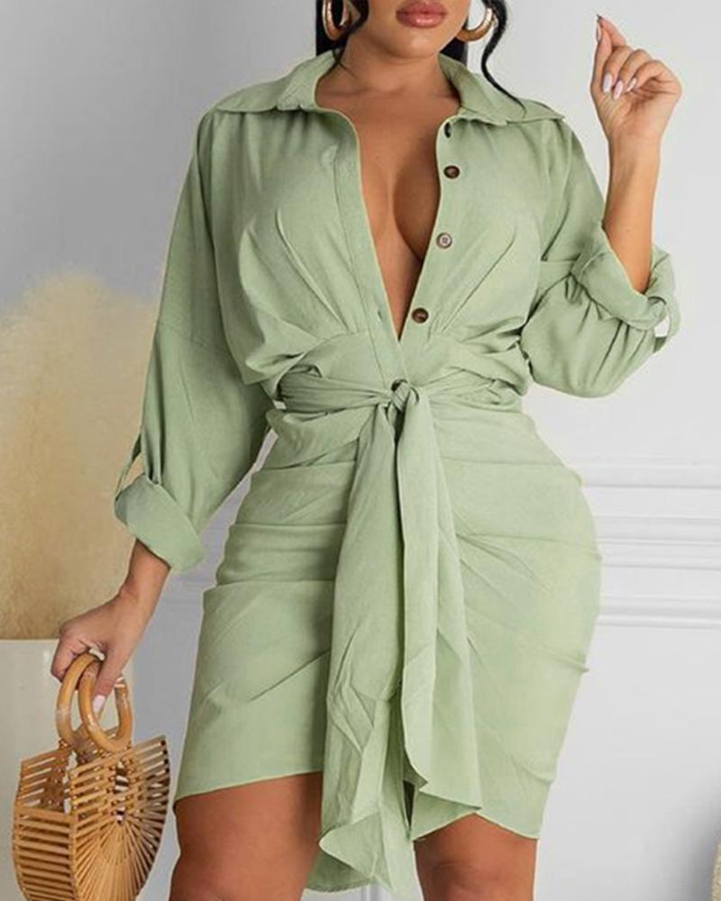 

Button Design Tied Detail Long Sleeve Shirt Dress, Green
